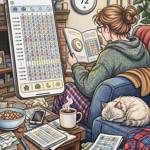 May include: A coloured pencil illustration showing a person sitting in a blue armchair reading a book with a thermostat display, while a large smartphone screen displays a detailed home schedule grid. A sleeping cat, a coffee mug, and various papers are nearby.