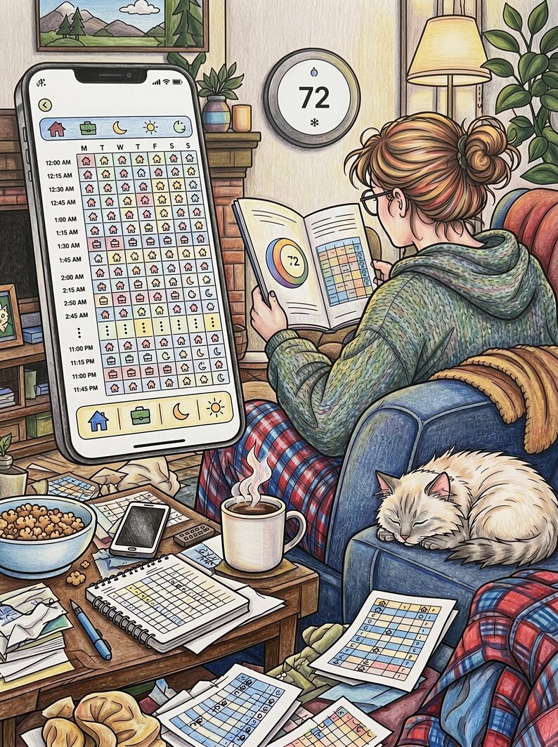 May include: A coloured pencil illustration showing a person sitting in a blue armchair reading a book with a thermostat display, while a large smartphone screen displays a detailed home schedule grid. A sleeping cat, a coffee mug, and various papers are nearby.