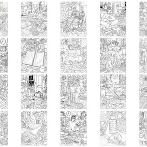 Peut inclure: Une collection de vingt illustrations en noir et blanc au trait repr&eacute;sentant des sc&egrave;nes d'int&eacute;rieur d&eacute;taill&eacute;es de la vie quotidienne, incluant des personnes se relaxant dans des salons, cuisinant et organisant divers objets dans des espaces encombr&eacute;s.