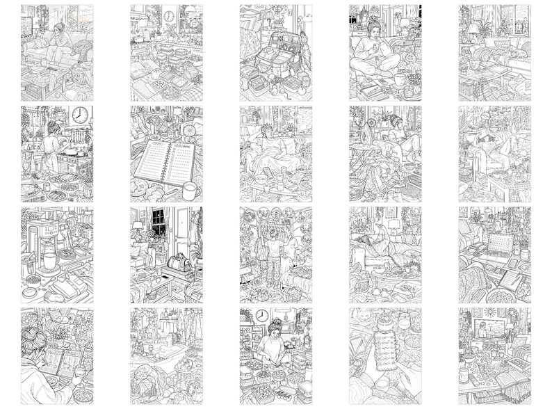 Peut inclure: Une collection de vingt illustrations en noir et blanc au trait repr&eacute;sentant des sc&egrave;nes d'int&eacute;rieur d&eacute;taill&eacute;es de la vie quotidienne, incluant des personnes se relaxant dans des salons, cuisinant et organisant divers objets dans des espaces encombr&eacute;s.