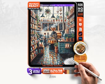 Digital Diamond Painting for iPad, The Coffee Roastery Mosaic, Cafe Color by Number Procreate File, 3 Levels, Digital Download