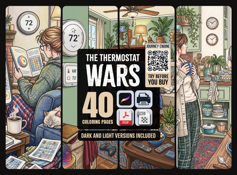 May include: A digital colouring book titled The Thermostat Wars featuring 40 pages with dark and light versions. The cover displays illustrations of indoor home scenes, thermostats, a QR code, and icons for Procreate, printer, PDF, and PNG file formats.
