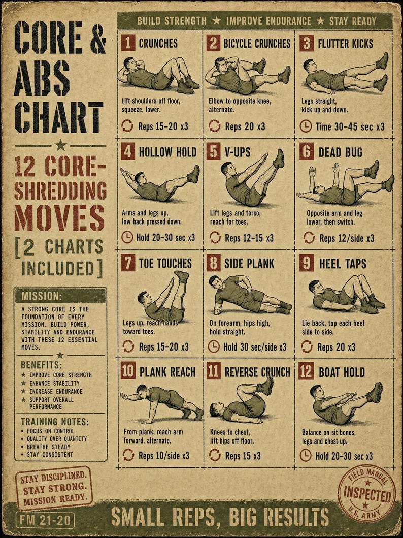 Puede incluir: Un p&oacute;ster instructivo de color beige titulado Core & Abs Chart que presenta 12 ilustraciones de ejercicios numeradas con instrucciones de texto para cada movimiento. El dise&ntilde;o incluye secciones de misi&oacute;n, beneficios y notas de entrenamiento.
