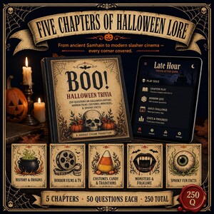 May include: A Halloween trivia set featuring a book titled BOO! HALLOWEEN TRIVIA, a tablet displaying the Late Hour app, and five cards labeled History & Origins, Horror Films & TV, Costumes, Candy & Traditions, Monsters & Folklore, and Spooky Fun Facts.