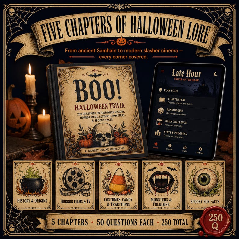 May include: A Halloween trivia set featuring a book titled BOO! HALLOWEEN TRIVIA, a tablet displaying the Late Hour app, and five cards labeled History & Origins, Horror Films & TV, Costumes, Candy & Traditions, Monsters & Folklore, and Spooky Fun Facts.