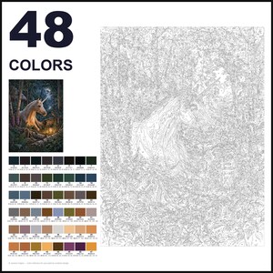 May include: A paint-by-numbers kit featuring 48 colors, a small reference image of a unicorn in a forest, and a large outlined canvas with numbered sections. The reference image shows a white unicorn near a lantern in a dark, wooded setting.