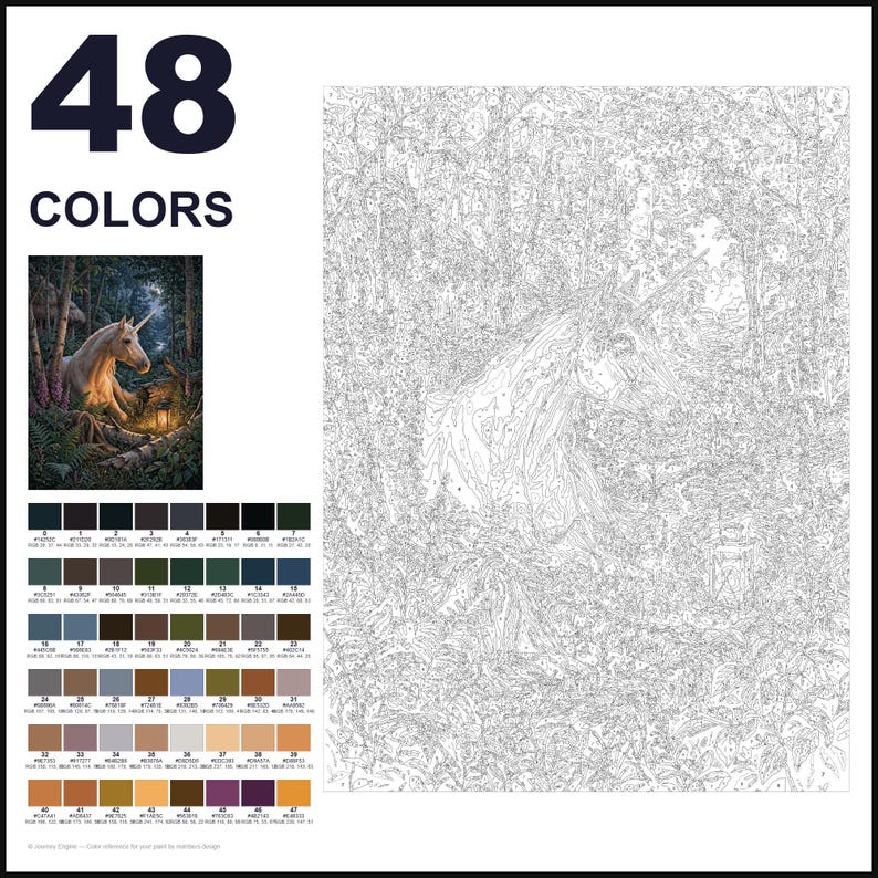 May include: A paint-by-numbers kit featuring 48 colors, a small reference image of a unicorn in a forest, and a large outlined canvas with numbered sections. The reference image shows a white unicorn near a lantern in a dark, wooded setting.