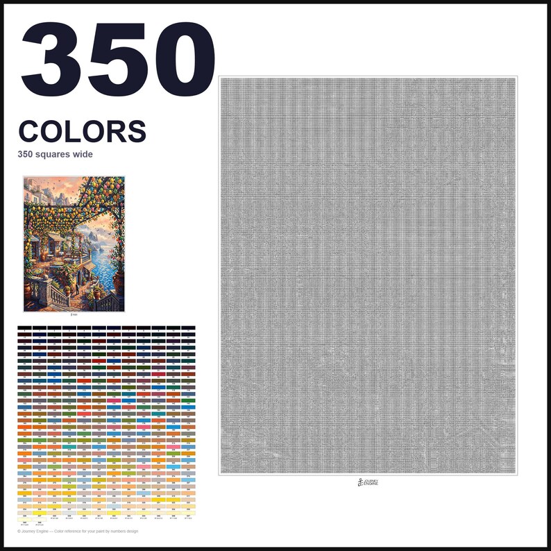 May include: A paint-by-numbers pattern featuring a large gray grid that is 350 squares wide. The document includes a small color reference image of a coastal terrace, a comprehensive chart of 350 numbered color swatches, and the text 350 COLORS.