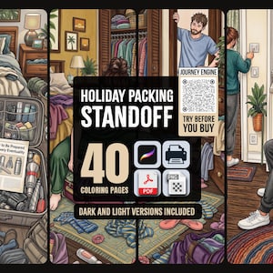May include: A digital coloring book titled Holiday Packing Standoff featuring 40 pages with dark and light versions. The cover displays a multi-panel illustration of people packing luggage, a QR code for a trial, and icons for Procreate, PDF, and PNG files.