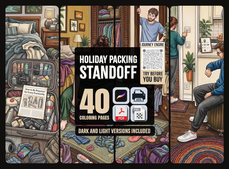 May include: A digital coloring book titled Holiday Packing Standoff featuring 40 pages with dark and light versions. The cover displays a multi-panel illustration of people packing luggage, a QR code for a trial, and icons for Procreate, PDF, and PNG files.