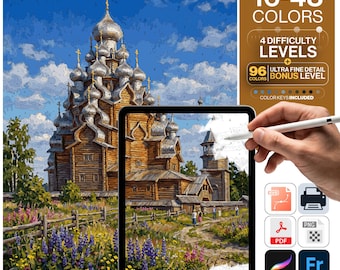 Puede incluir: Un kit digital de pintura por números con la iglesia de madera de Kizhi Pogost. La imagen muestra una estructura de madera con varias cúpulas en un campo de flores bajo un cielo azul. El texto incluye 16-48 COLORES y 4 NIVELES DE DIFICULTAD.