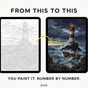 May include: Two tablets displaying a paint-by-number project. The left screen shows a grayscale line drawing of a lighthouse and a shipwreck. The right screen shows the completed, full-color version. Text reads: FROM THIS TO THIS. YOU PAINT IT. NUMBER BY NUMBER.