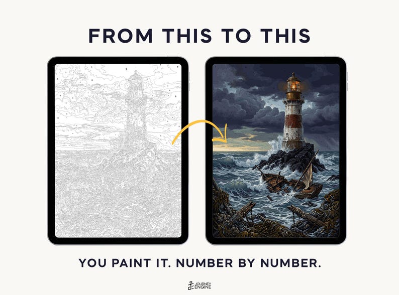 May include: Two tablets displaying a paint-by-number project. The left screen shows a grayscale line drawing of a lighthouse and a shipwreck. The right screen shows the completed, full-color version. Text reads: FROM THIS TO THIS. YOU PAINT IT. NUMBER BY NUMBER.