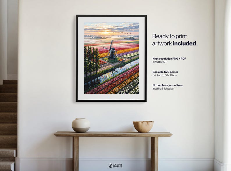 May include: A framed wall art print featuring a vibrant landscape of colorful tulip fields, a traditional windmill, and a canal at sunrise. The text reads: Ready to print artwork included, High-resolution PNG + PDF sized for A3, Scalable SVG poster print up to 60x90 cm, No numbers, no outlines just the finished art.