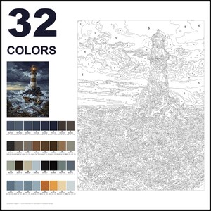 May include: A paint-by-numbers kit featuring a lighthouse scene with 32 colors. The image includes a finished reference picture, a numbered outline of the lighthouse on rocky shores, and a color palette grid with hex codes and RGB values.