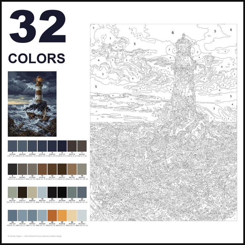May include: A paint-by-numbers kit featuring a lighthouse scene with 32 colors. The image includes a finished reference picture, a numbered outline of the lighthouse on rocky shores, and a color palette grid with hex codes and RGB values.