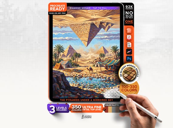 The Pyramids digital diamond painting mystery mosaic for iPad, Under a Mirrored Sky, Egypt
