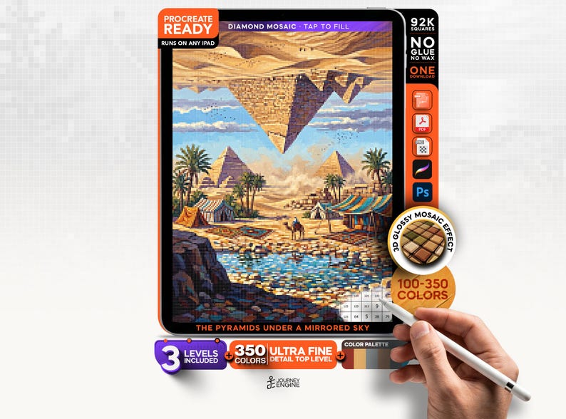 May include: A digital diamond mosaic art file for Procreate featuring a desert scene with pyramids, palm trees, tents, and a camel near a water source. The sky shows a mirrored pyramid reflection. Text includes Procreate Ready, 92K Squares, and The Pyramids Under A Mirrored Sky.