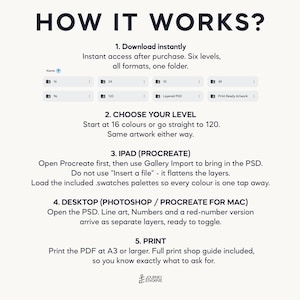 May include: An instructional graphic titled HOW IT WORKS? detailing a five-step digital download process. It includes folder icons for 16, 24, 32, 49, 96, and 120 levels, plus Layered PSD and Print Ready Artwork files for iPad and desktop use.