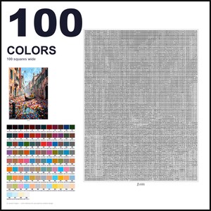 May include: A paint-by-numbers guide featuring the text 100 COLORS and 100 squares wide. It includes a small reference image of a Venetian canal scene, a grid of 100 numbered color swatches with hex codes, and a large grid filled with numbers.