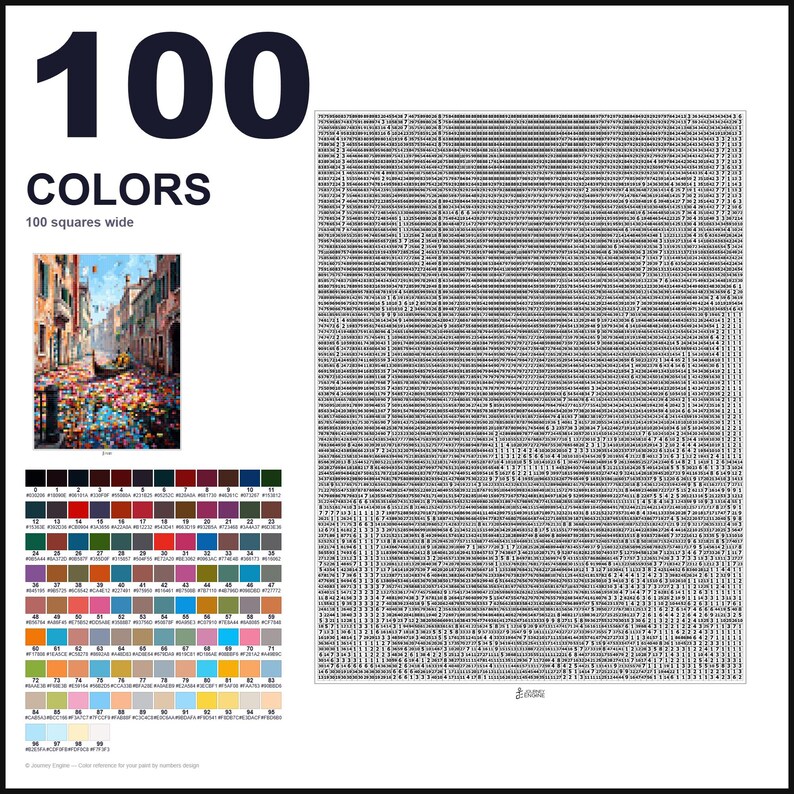 May include: A paint-by-numbers guide featuring the text 100 COLORS and 100 squares wide. It includes a small reference image of a Venetian canal scene, a grid of 100 numbered color swatches with hex codes, and a large grid filled with numbers.