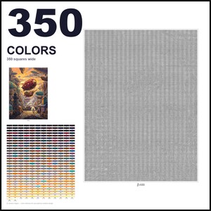 May include: A paint-by-numbers kit featuring a large grid of 350 colors, a reference image of a steampunk airship scene, and a large gray canvas with a numbered grid pattern. The text 350 COLORS and 350 squares wide is printed on the page.
