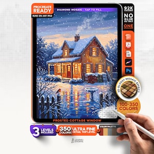 May include: A digital art file for Procreate titled Frosted Cottage Window, featuring a snowy house scene with warm glowing windows, a bird on a fence, and a birdbath. The interface displays 92K squares, 350 ultra fine detail colors, and 3 levels.