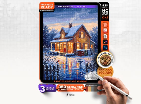 Winter Cottage digital diamond painting mystery mosaic for iPad, Seasonal Mosaic
