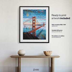 May include: A framed digital art print of the Golden Gate Bridge in San Francisco, featuring a vibrant orange bridge structure against a blue sky and water with small sailboats. Text on the right lists file formats including PNG, PDF, and SVG.
