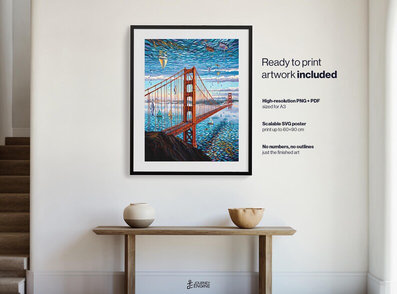 May include: A framed digital art print of the Golden Gate Bridge in San Francisco, featuring a vibrant orange bridge structure against a blue sky and water with small sailboats. Text on the right lists file formats including PNG, PDF, and SVG.