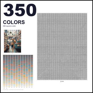 May include: A paint-by-numbers pattern featuring a large grid of 350 squares wide, a small color reference image of a coffee shop interior, and a comprehensive color key with 350 numbered swatches labeled with the text 350 COLORS.