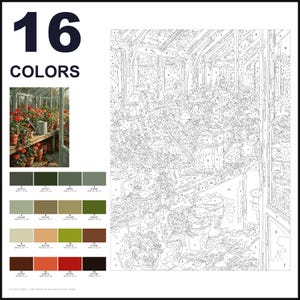 May include: A paint-by-numbers kit featuring a greenhouse scene with potted plants and a watering can. The layout includes a small color reference image, a numbered outline template, and a grid of 16 color swatches with corresponding RGB values.