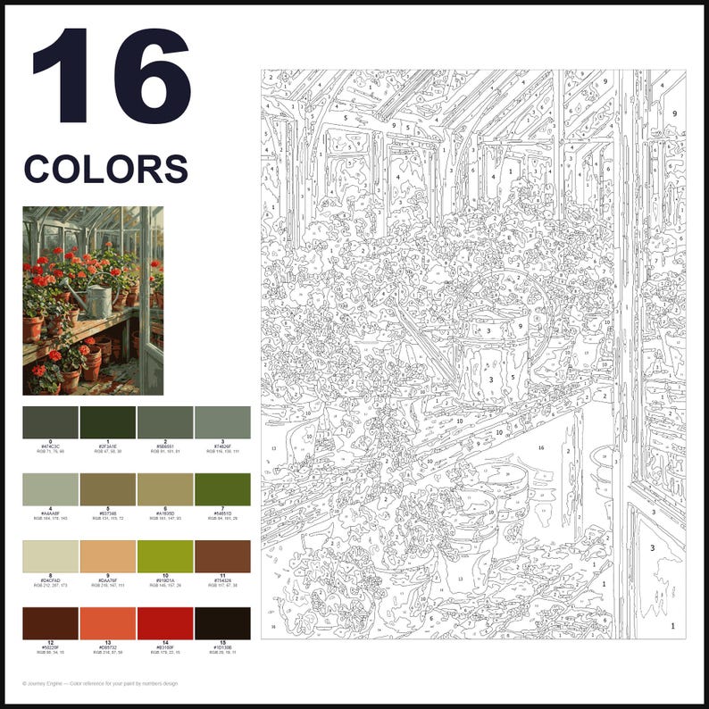 May include: A paint-by-numbers kit featuring a greenhouse scene with potted plants and a watering can. The layout includes a small color reference image, a numbered outline template, and a grid of 16 color swatches with corresponding RGB values.