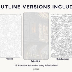 May include: Three paint-by-number templates labeled 3 OUTLINE VERSIONS INCLUDED. The left is Classic, the center is Color Hint showing a cabin, and the right is High Contrast. Text at the bottom reads All 3 versions included at every difficulty level.