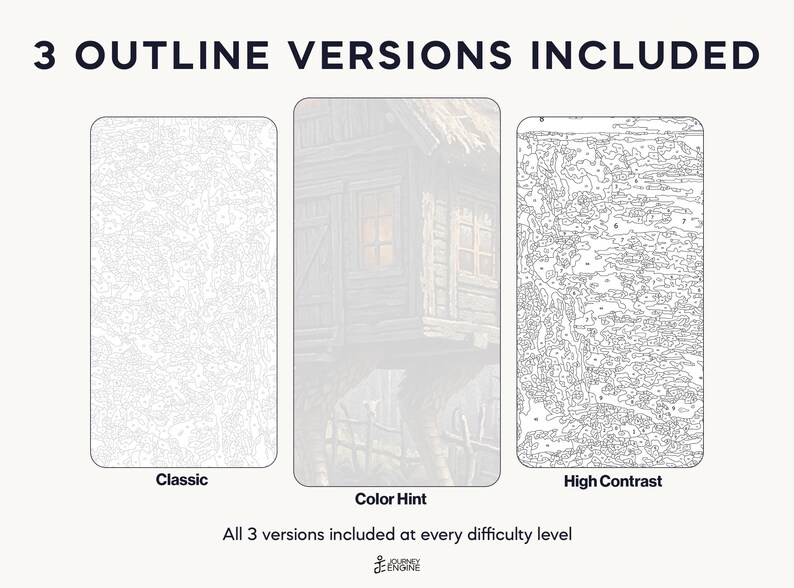 May include: Three paint-by-number templates labeled 3 OUTLINE VERSIONS INCLUDED. The left is Classic, the center is Color Hint showing a cabin, and the right is High Contrast. Text at the bottom reads All 3 versions included at every difficulty level.