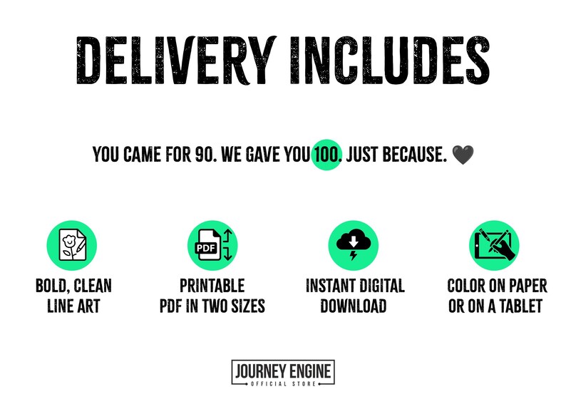 Peut inclure: Un graphique d'information produit num&eacute;rique avec le texte DELIVERY INCLUDES, YOU CAME FOR 90. WE GAVE YOU 100. JUST BECAUSE. Quatre ic&ocirc;nes circulaires vertes pr&eacute;sentent des symboles pour l'art lin&eacute;aire, PDF, t&eacute;l&eacute;chargement et tablette.