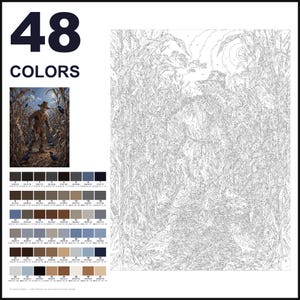 May include: A paint-by-numbers kit featuring 48 colors, a reference image of a scarecrow in a cornfield with crows, and a large outlined canvas. The kit includes a numbered color palette with hex codes and RGB values for each of the 48 distinct paint shades.