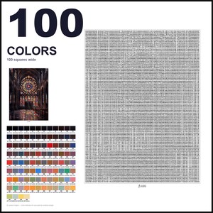 May include: A paint-by-numbers guide featuring the text 100 COLORS and 100 squares wide. It includes a small image of a cathedral interior with a stained glass window, a grid of 100 numbered color swatches with hex codes, and a large numbered grid.