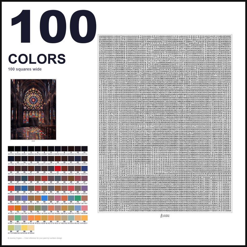 May include: A paint-by-numbers guide featuring the text 100 COLORS and 100 squares wide. It includes a small image of a cathedral interior with a stained glass window, a grid of 100 numbered color swatches with hex codes, and a large numbered grid.