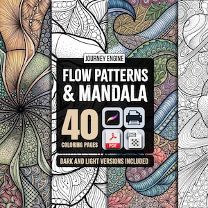 May include: A digital collection of 40 coloring pages titled Journey Engine Flow Patterns & Mandala, featuring intricate black and white line art alongside colored versions. Includes PDF, PNG, and Procreate file formats for printing.