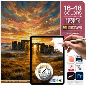 Stonehenge Paint by Numbers Digital | 5 Levels 16-96 Colors | Svg Pdf Png Procreate | England Solstice Sunrise Printable Wall Art Coloring