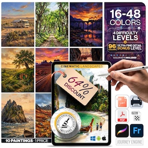Pode incluir: Um kit de pintura digital com dez paisagens cinematográficas, incluindo um trailer no deserto, um caminho na floresta e um trem ao pôr do sol. O conjunto inclui uma etiqueta de 64% de desconto, um rastreador de progresso e ícones PDF, PNG e SVG.