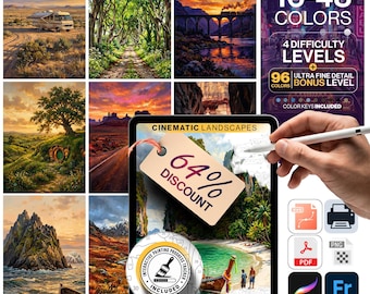 Cinematic Landscapes Paint by Numbers 10 Bundle | 5 Levels 16-96 Colors | Svg Pdf Png Procreate | Movie Location Digital Wall Art Set