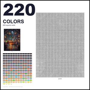 May include: A paint by numbers kit featuring a large blank gray canvas grid, a small reference image of a dark, magical workshop interior, and a comprehensive color chart displaying 220 distinct numbered paint shades for the project.