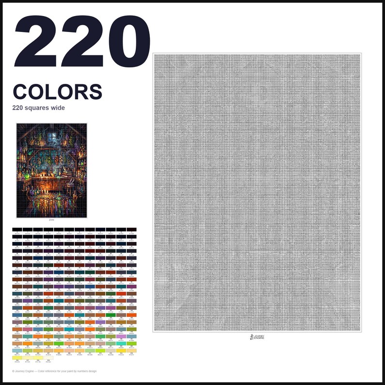 May include: A paint by numbers kit featuring a large blank gray canvas grid, a small reference image of a dark, magical workshop interior, and a comprehensive color chart displaying 220 distinct numbered paint shades for the project.