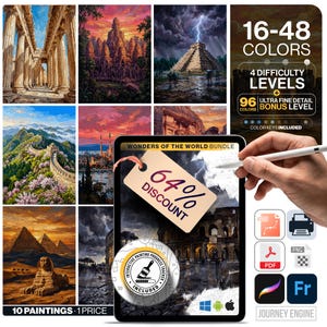 K&ouml;nnte beinhalten: Ein digitales Malpaket mit zehn Weltwundern, darunter die Chinesische Mauer und die Pyramiden. Das Display zeigt 16-48 Farben, 4 Schwierigkeitsgrade und ein 64%-Rabatt-Etikett. Enth&auml;lt SVG-, PDF-, PNG-Dateien und einen Fortschritts-Tracker.