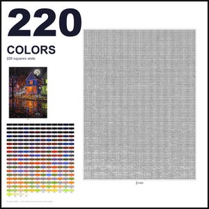 May include: A paint-by-numbers pattern featuring 220 colors and a 220 squares wide grid. The design includes a small reference image of a house at night with a full moon, a large grid of color swatches, and a large blank grid for painting.