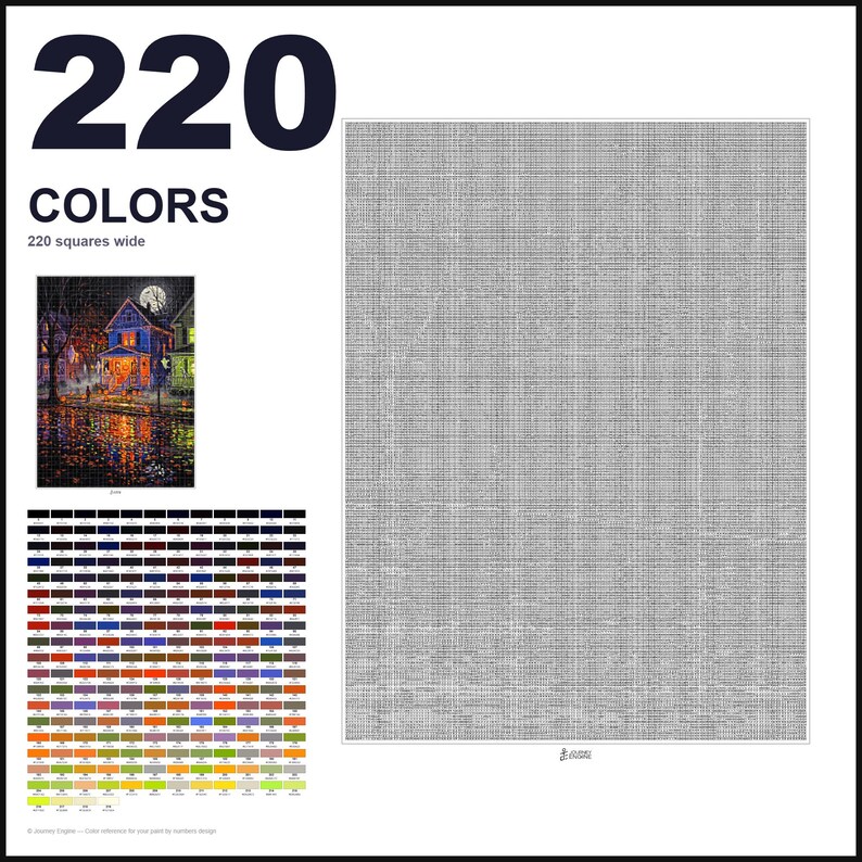May include: A paint-by-numbers pattern featuring 220 colors and a 220 squares wide grid. The design includes a small reference image of a house at night with a full moon, a large grid of color swatches, and a large blank grid for painting.