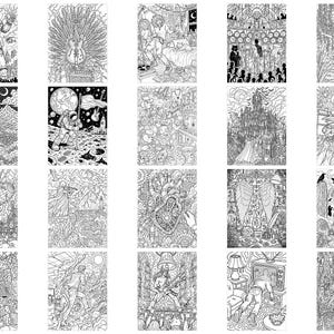 Pode incluir: Uma cole&ccedil;&atilde;o de vinte ilustra&ccedil;&otilde;es de arte linear em preto e branco dispostas em uma grade. Os desenhos apresentam cenas diversas, incluindo um rob&ocirc; gigante, um astronauta na lua, um castelo g&oacute;tico, um cora&ccedil;&atilde;o humano e apresenta&ccedil;&otilde;es musicais.