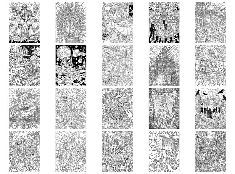 Pode incluir: Uma cole&ccedil;&atilde;o de vinte ilustra&ccedil;&otilde;es de arte linear em preto e branco dispostas em uma grade. Os desenhos apresentam cenas diversas, incluindo um rob&ocirc; gigante, um astronauta na lua, um castelo g&oacute;tico, um cora&ccedil;&atilde;o humano e apresenta&ccedil;&otilde;es musicais.